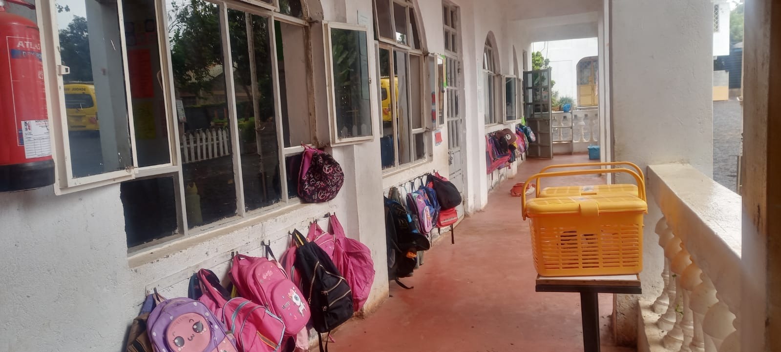 School corridor with learners' bags